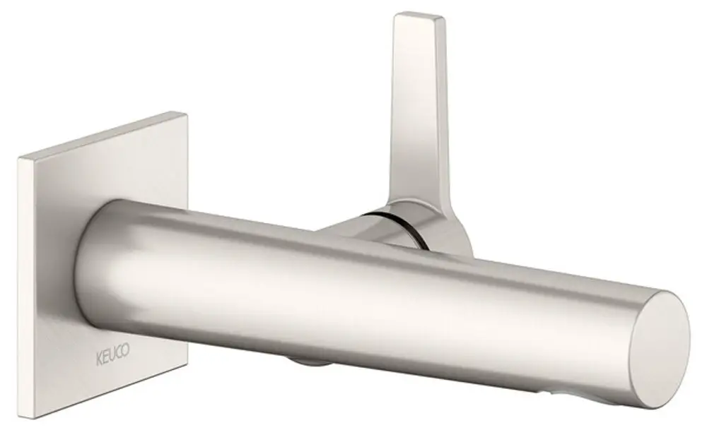 Wandmontierter Mischer von Keuco mit runder Ausführung und einem Hebel zur Steuerung. Das Finish ist gebürstetes Nickel.